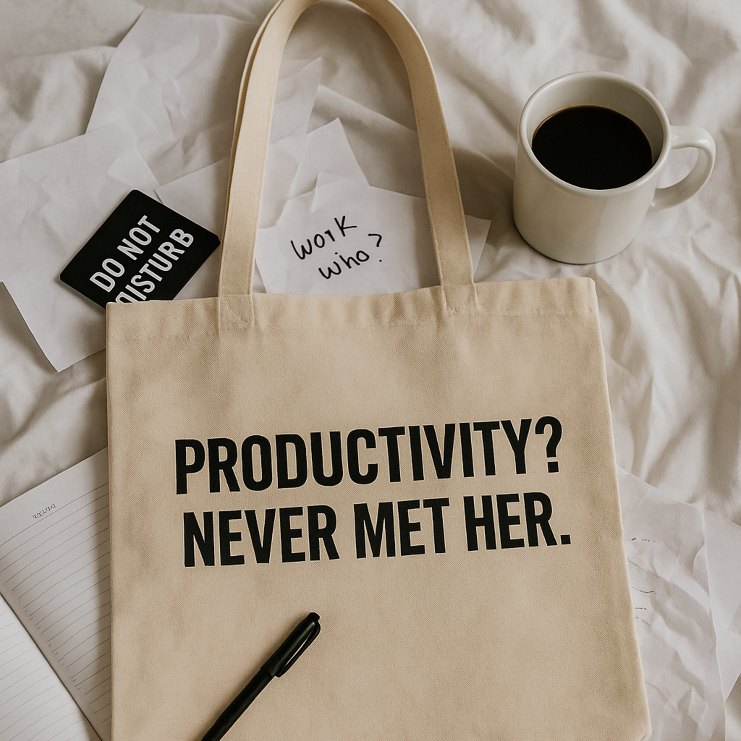 Tote on bed with text "Productivity? Never Met Her"